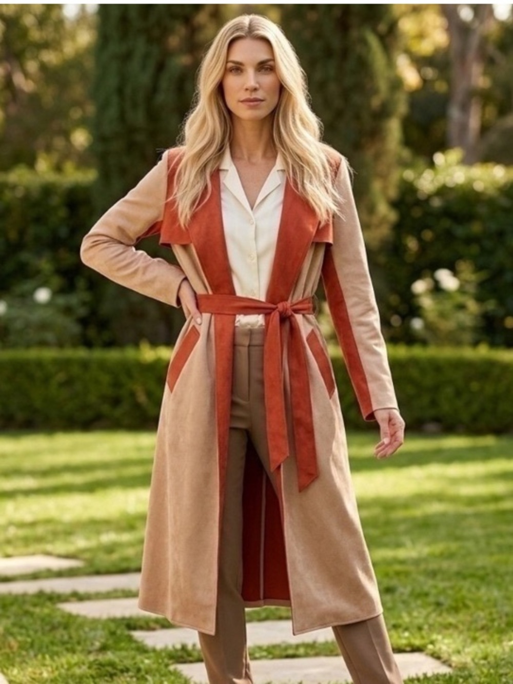 Solitaire Anthropology Two-Tone Faux Suede Trench Coat in Dusty Pink & Rust